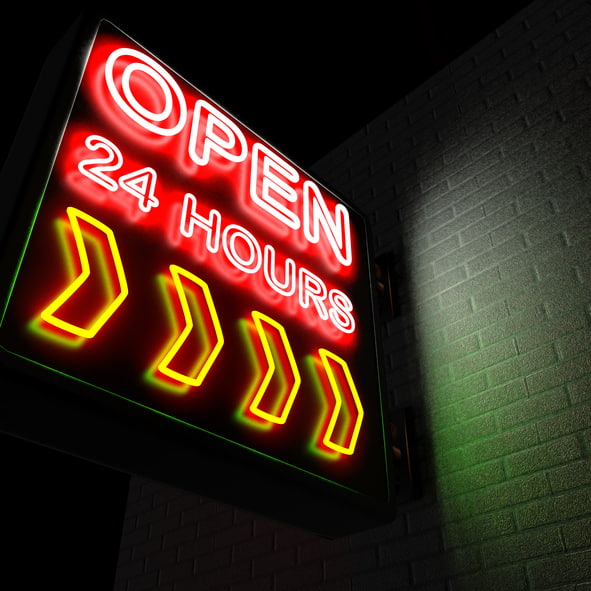 Illuminated “Open 24 Hours” sign improving business visibility at night in Phoenix, AZ